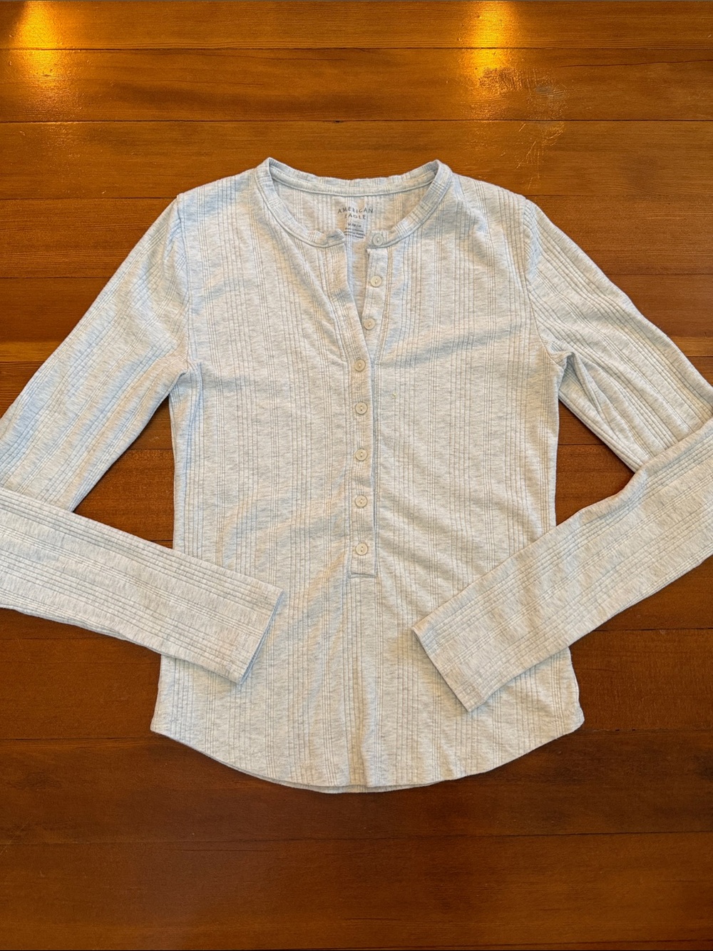 American Eagle Outfitters Light Gray Ribbed Henley Button-Down Top